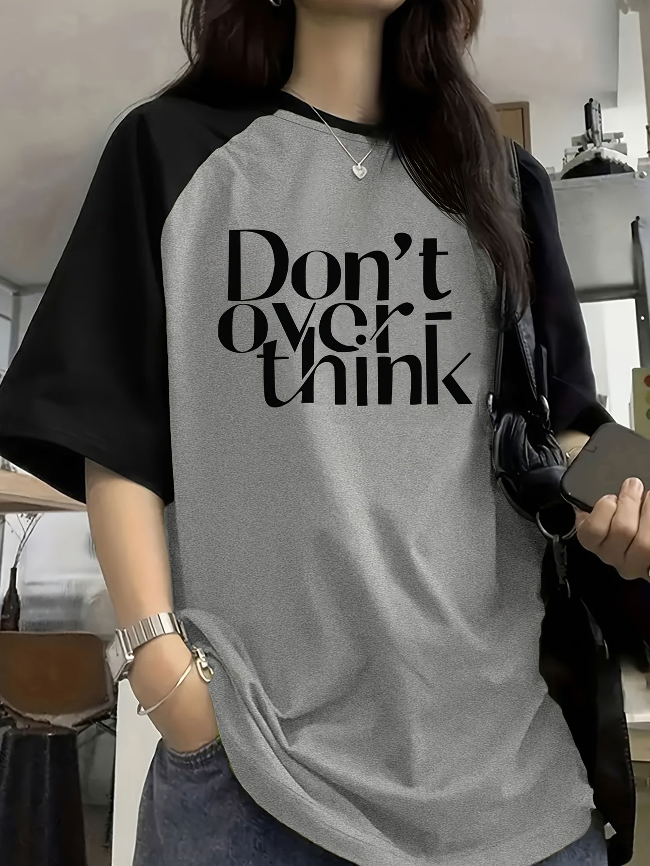 Color Block Graphic Tee - DON'T OVER for THINK IT Print, Casual Short Sleeve Crew Neck T-Shirt
