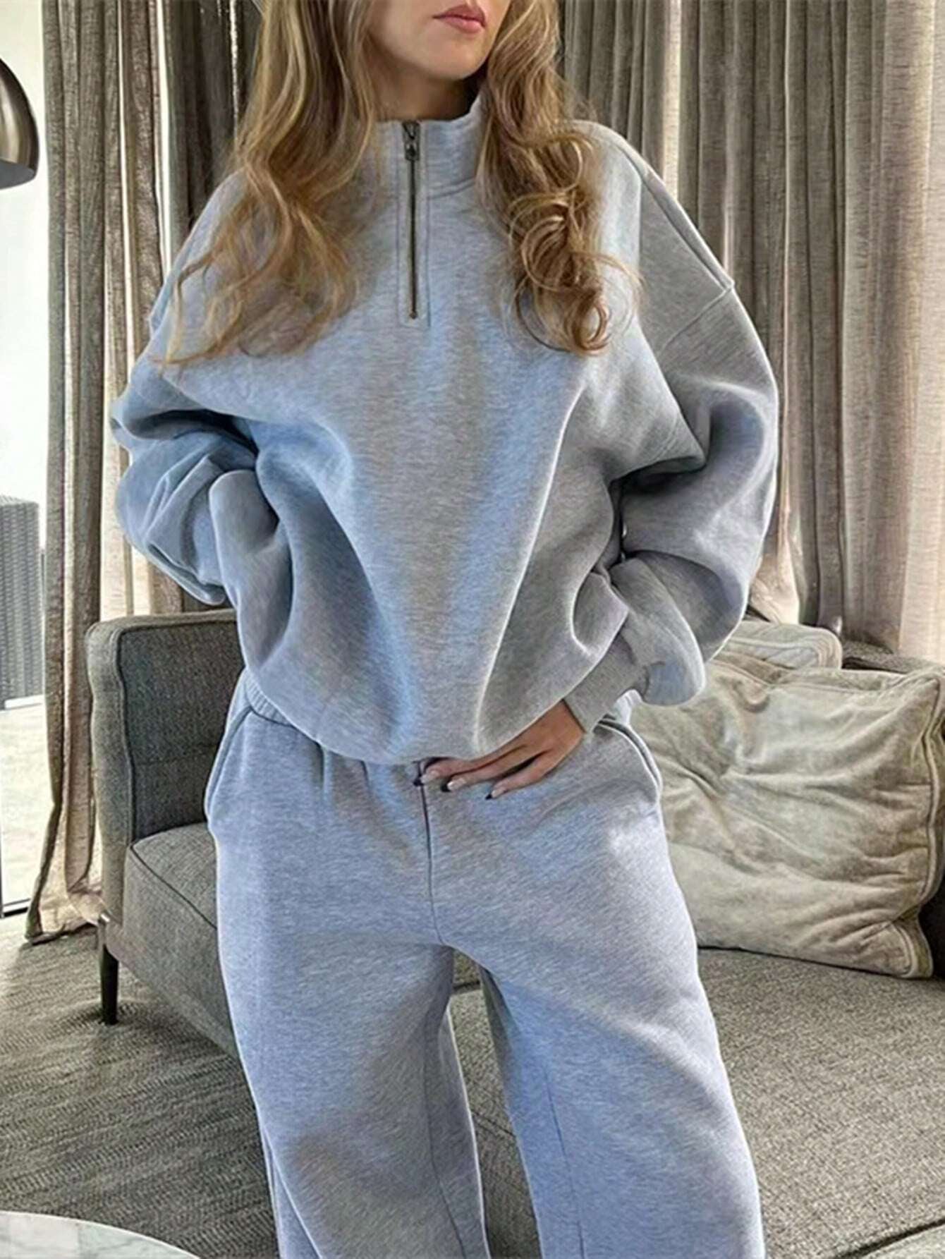 Solid Color Zipper Half Placket Dropped Shoulder Long Sleeve Sweatshirt And Loose Casual Pants 2 Pieces Set