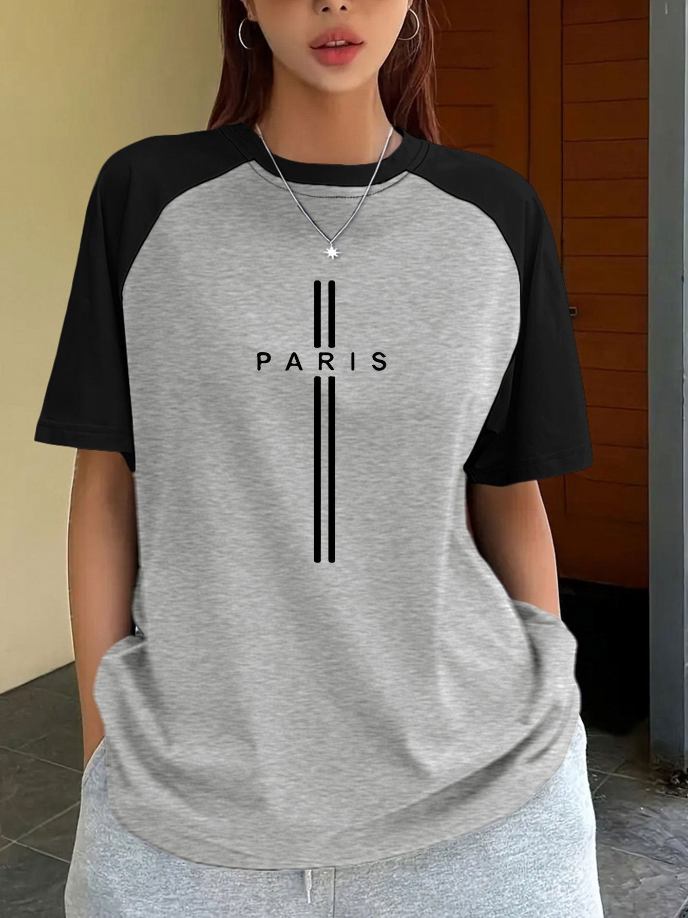 Color-Block Raglan Sleeve T-Shirt with Paris Letter Print