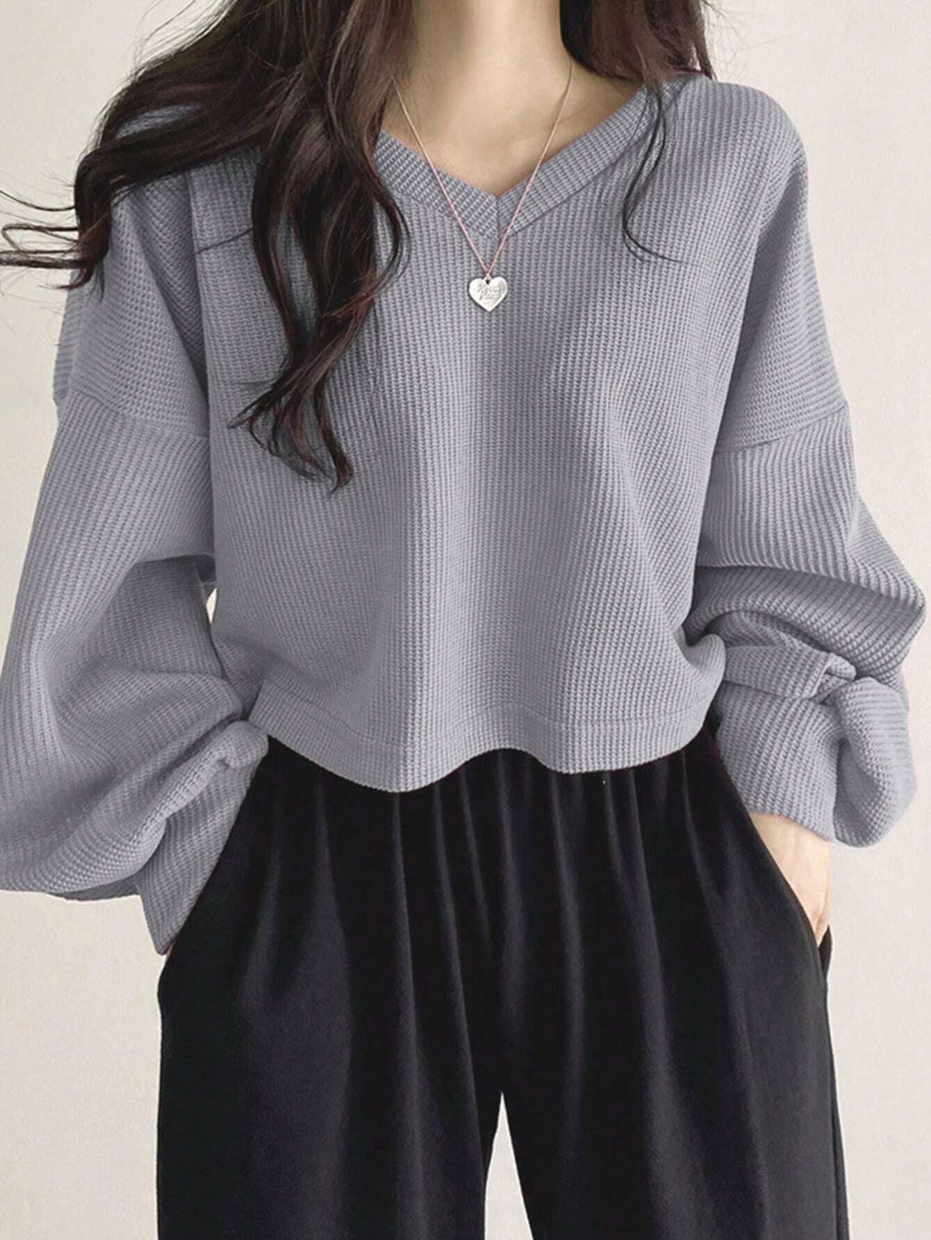 Solid Color V-Neck Dropped Shoulder Long Sleeve Loose Casual T-Shirt