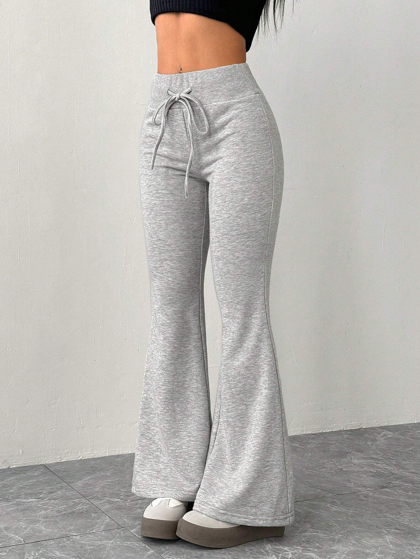 Casual Gray Knitted Elastic Waist Flared Sweatpants Bell Bottom Lace Up Flared Pants