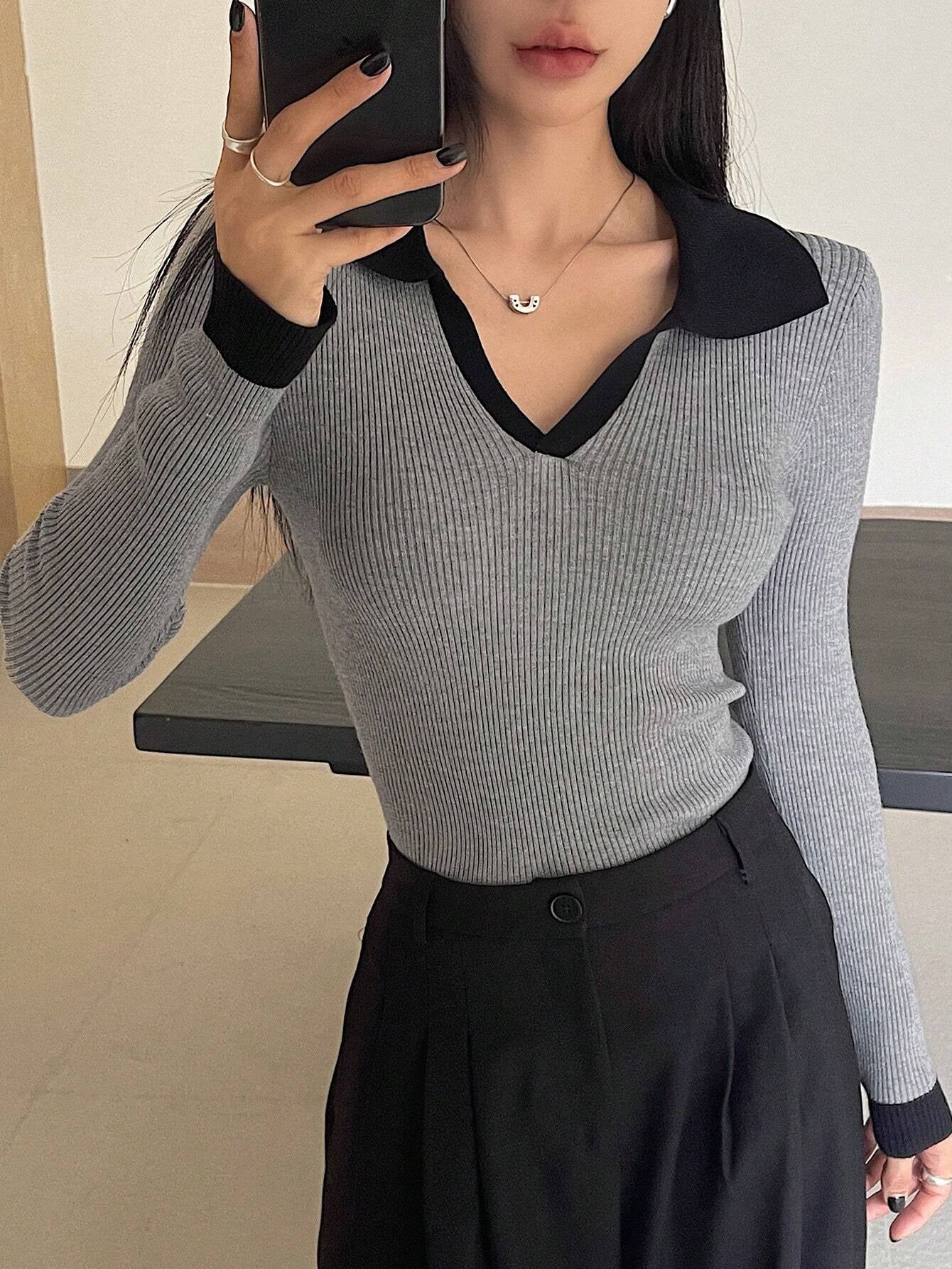 Casual Style Color Block Collar Slim Fit Tops, Long Sleeve Tops