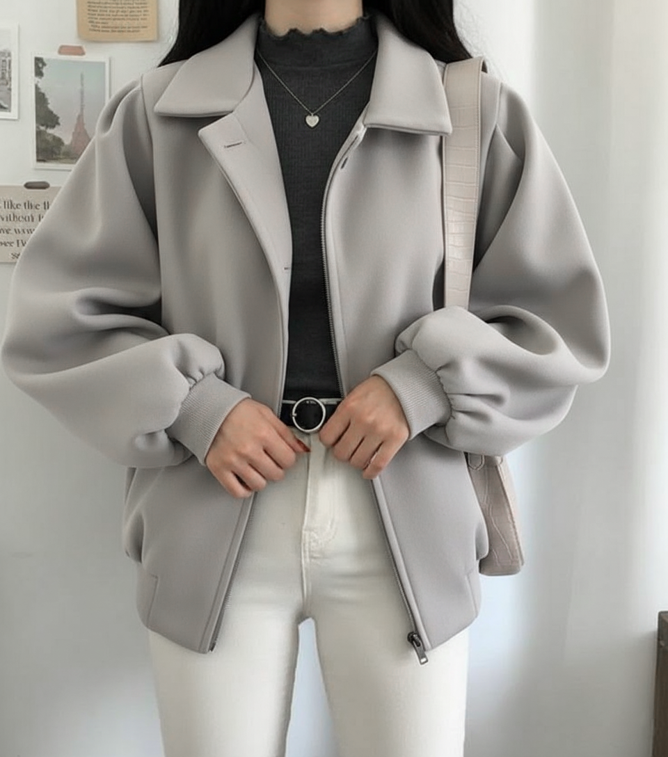 Casual Solid Color Puffed Bomber Zip-Up Long Sleeve Jacket