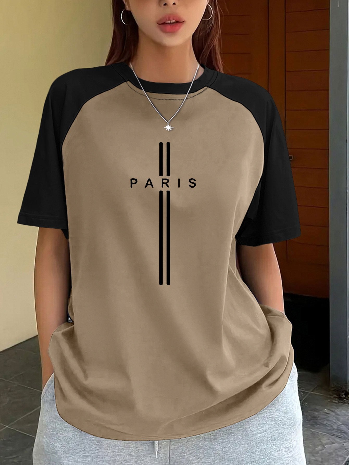 Color-Block Raglan Sleeve T-Shirt with Paris Letter Print