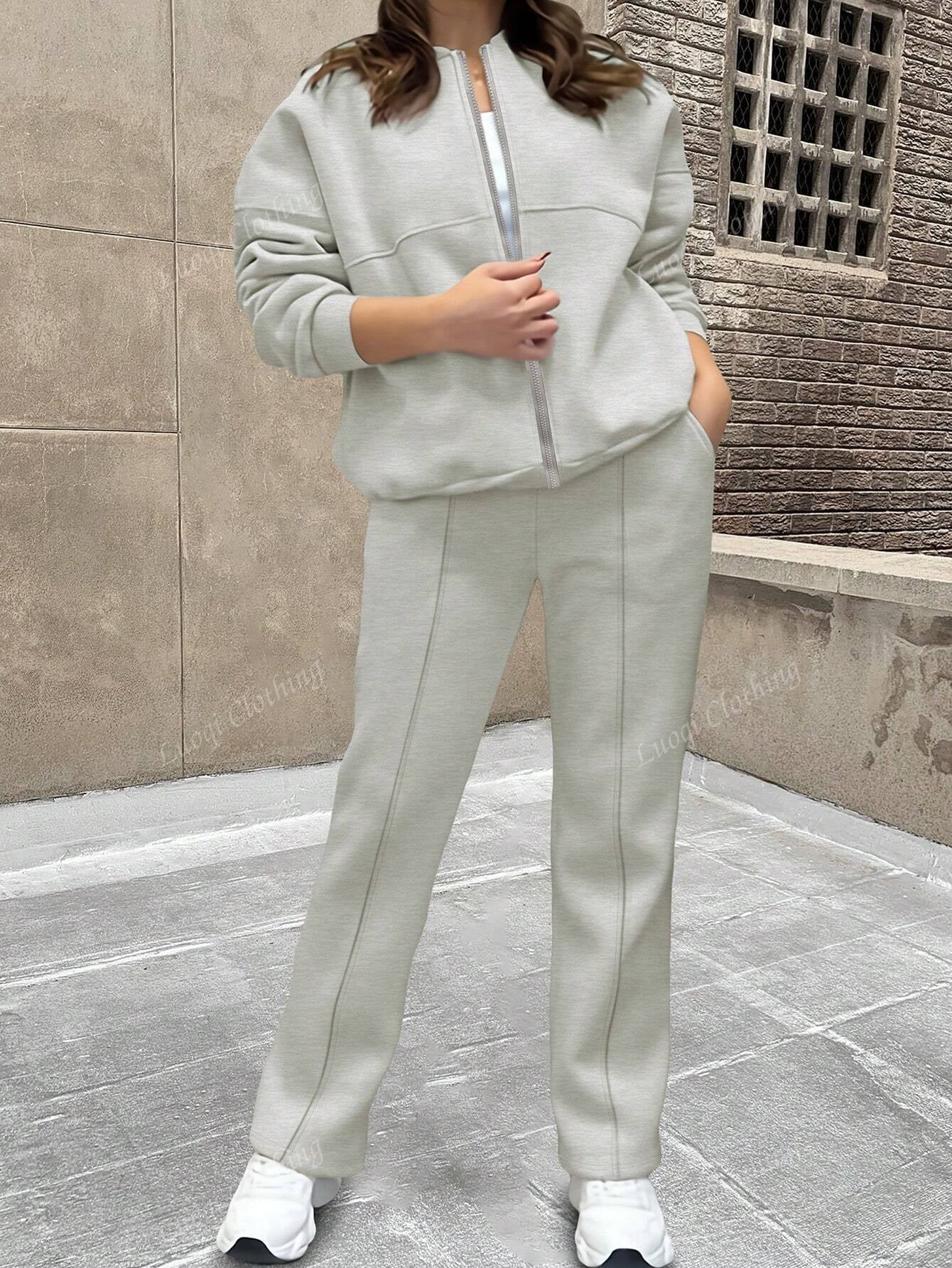 Solid Color Minimalist Hoodie Jacket Top And Straight Leg Pants, Fashion Outfit