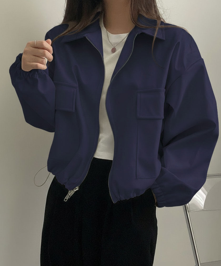 Casual Cropped Zip-Up Long-Sleeve Jacket in Solid Color