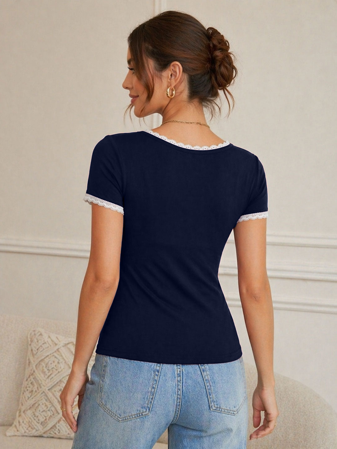 Scoop Neck Short Sleeve Lace Trim Short Top