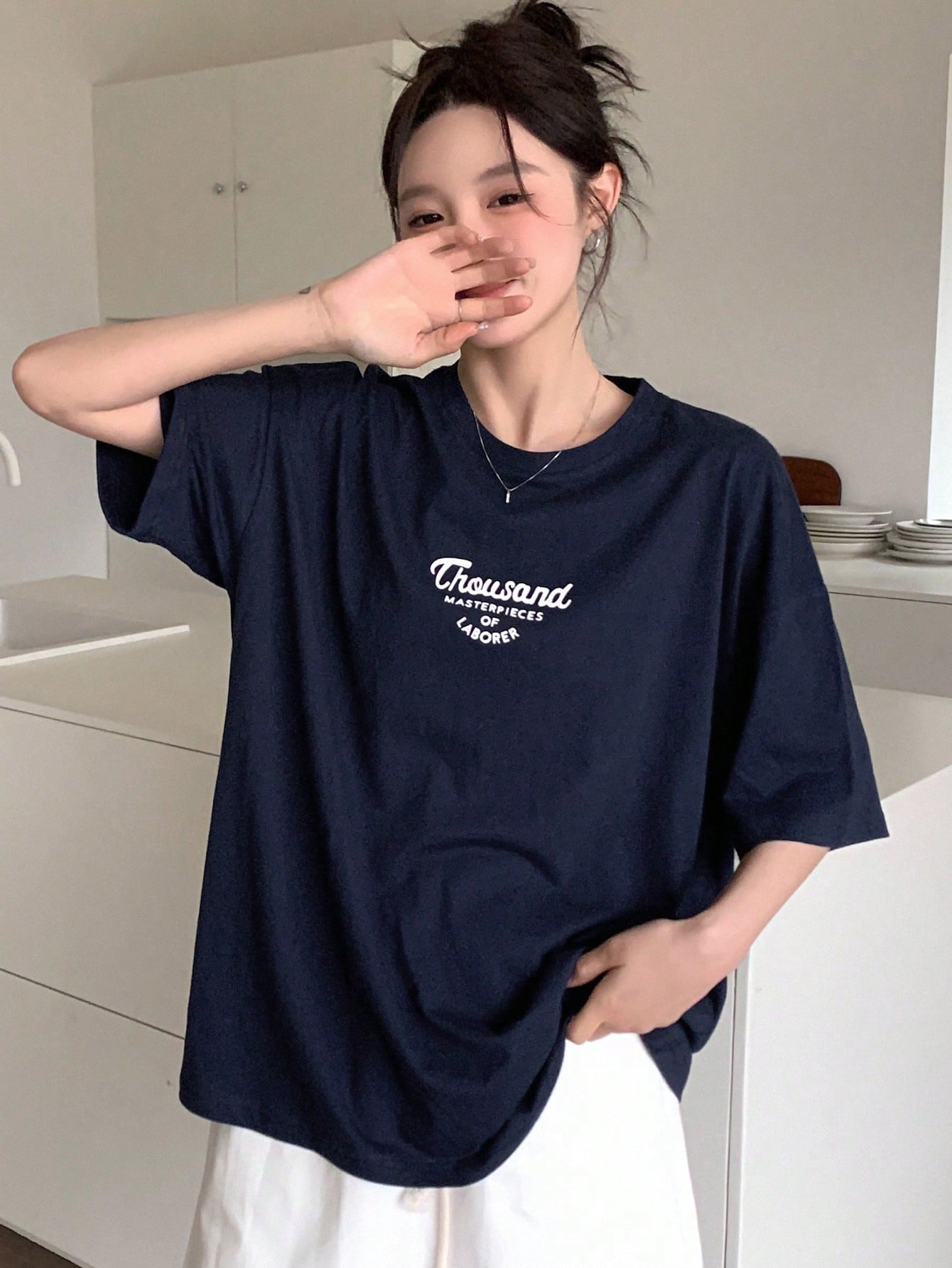 Drop Shoulder Fit Slogan Printed T-Shirt Summer Oversized T-Shirt
