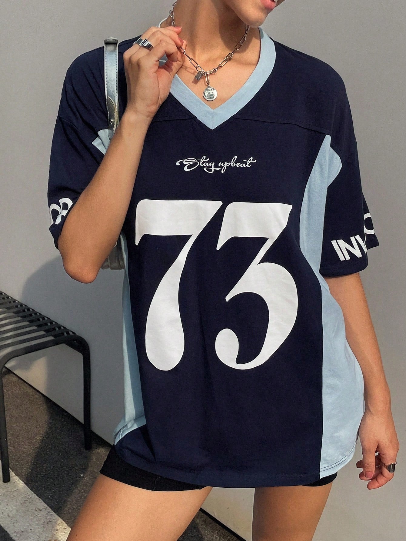 V-Neck Letter Print Sports Short Sleeve T-Shirt