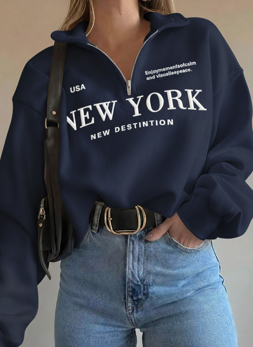 Half Zip Drop Shoulder "NEW YORK" Letter Print Oversized Sweatshirt, Long Sleeve (Copy)