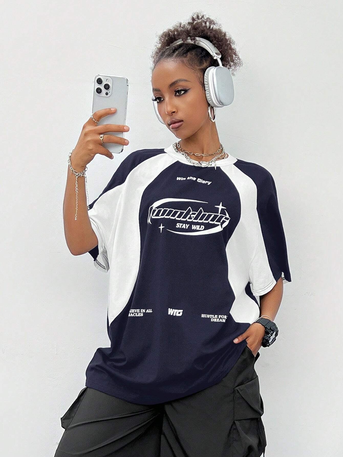 Summer Streetwear Oversized Print Color Block Raglan Sleeve Green Jersey T-Shirt