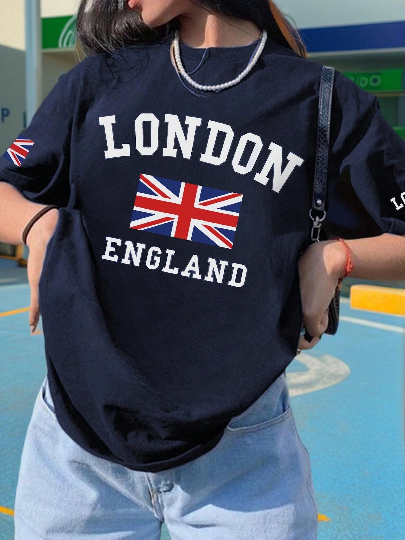 London Letter Print Cheongsam Pattern Round Neck Short Sleeve T-Shirt, Casual Loose Versatile Vacation Style Top