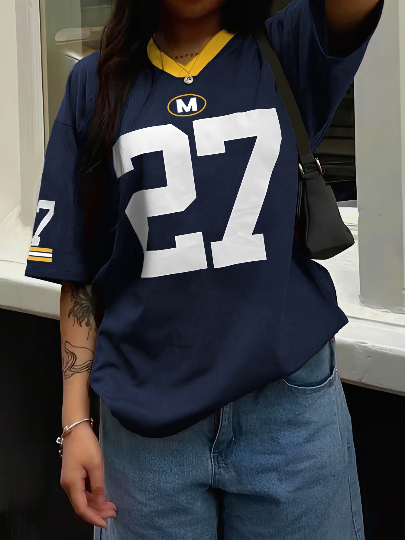 V-Neck Short Sleeve Casual Letter & Number Print Loose