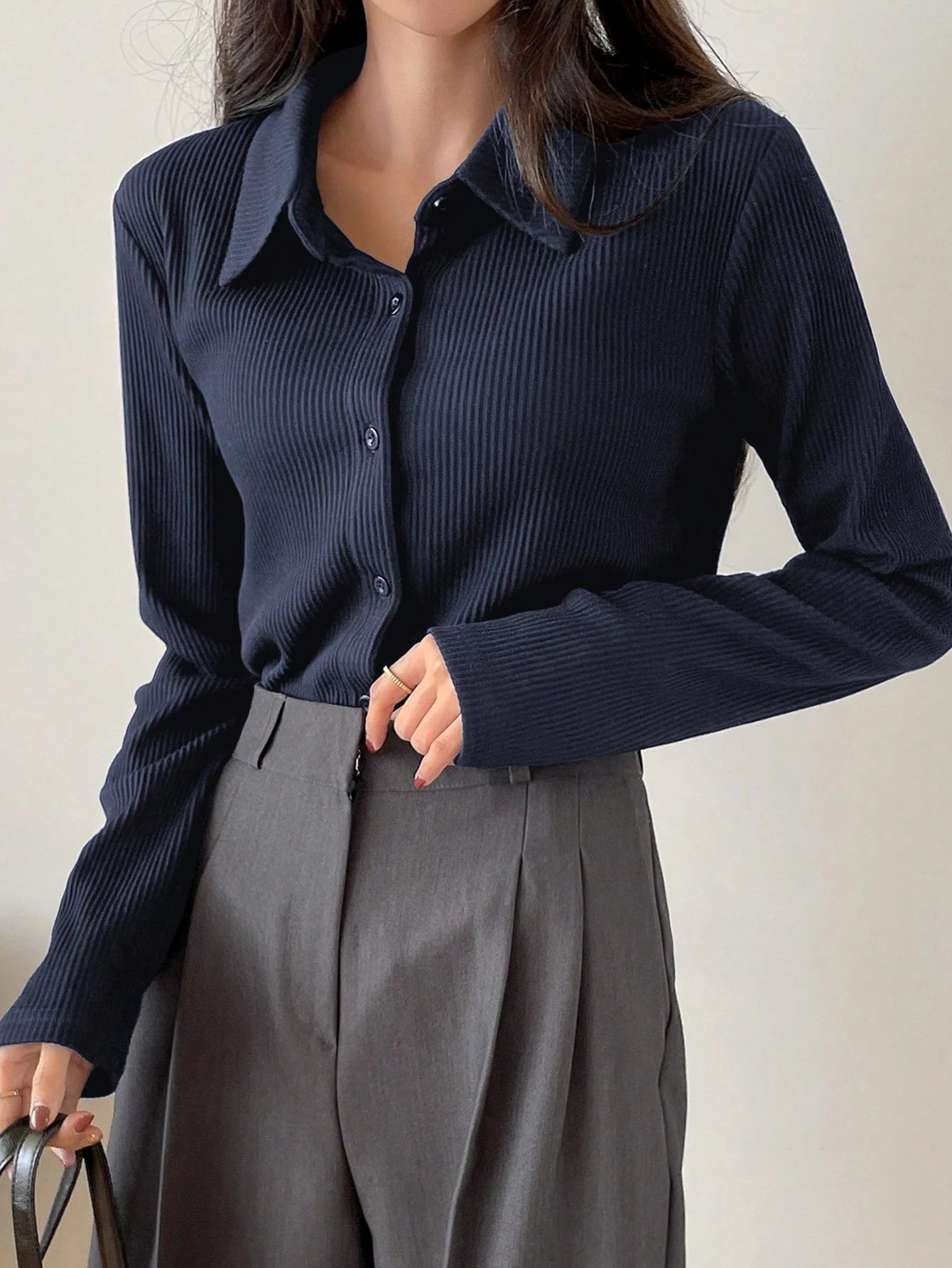 Ribbed Button-Up Shirt - Long Sleeve Collared Knit Blouse, Slim Fit Casual Top
