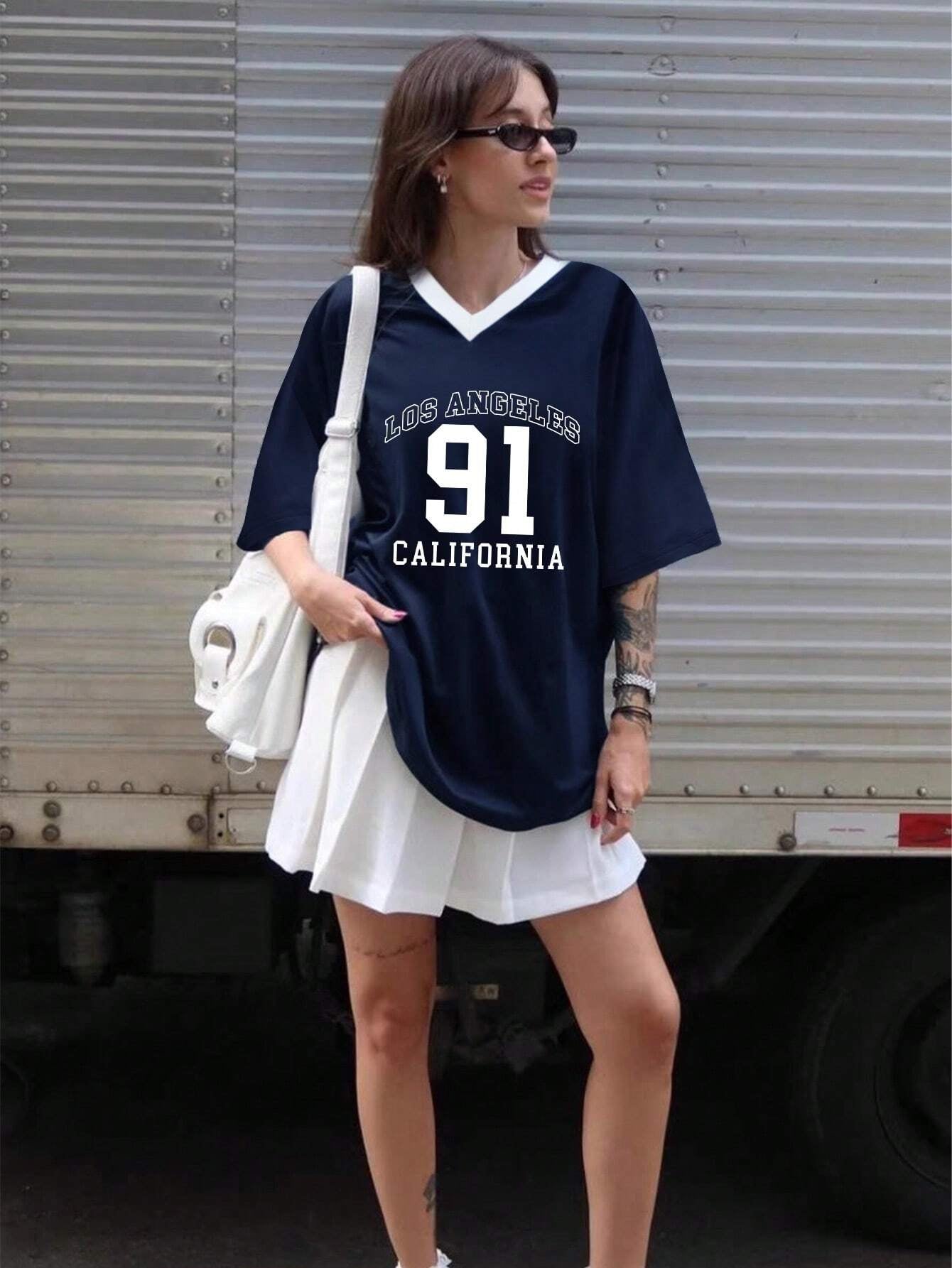 European Cup Number Printed Loose V-Neck T-Shirt, Street Style Sports Slogan