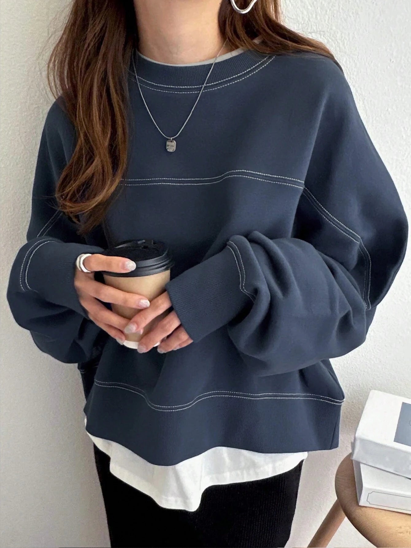 Round Neck Contrast Color Loose Oversized Pullover Sweatshirt, Autumn & Winter