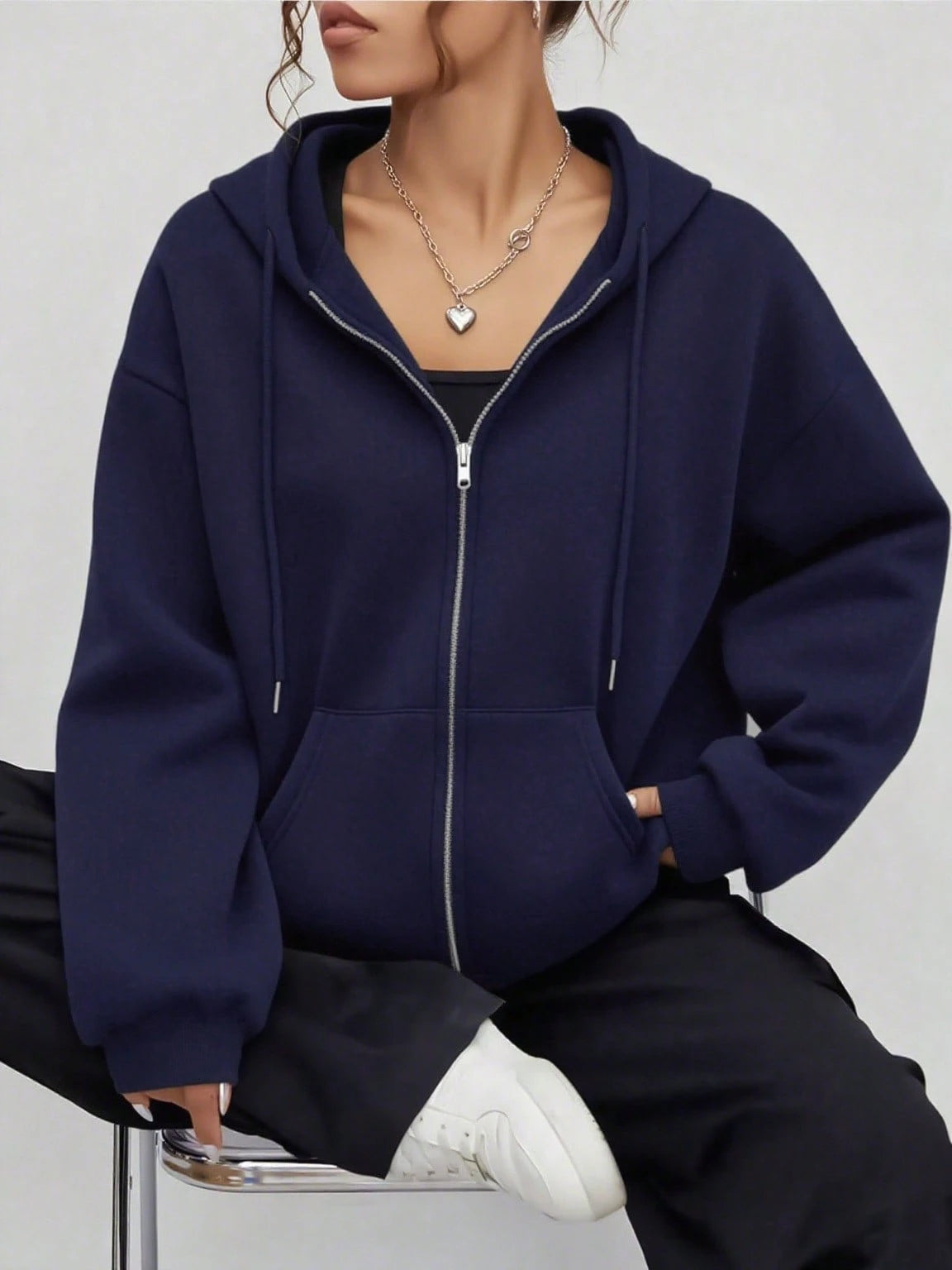 Casual Loose Open-Front Hoodie Sweatshirt with Drop Shoulders, Drawstring, Pockets, and Zip-Up Design