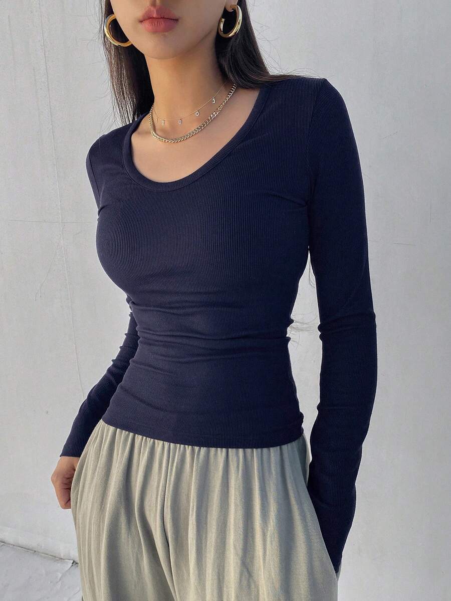 Solid Color Ribbed Slim Fit Long Sleeve T-Shirt