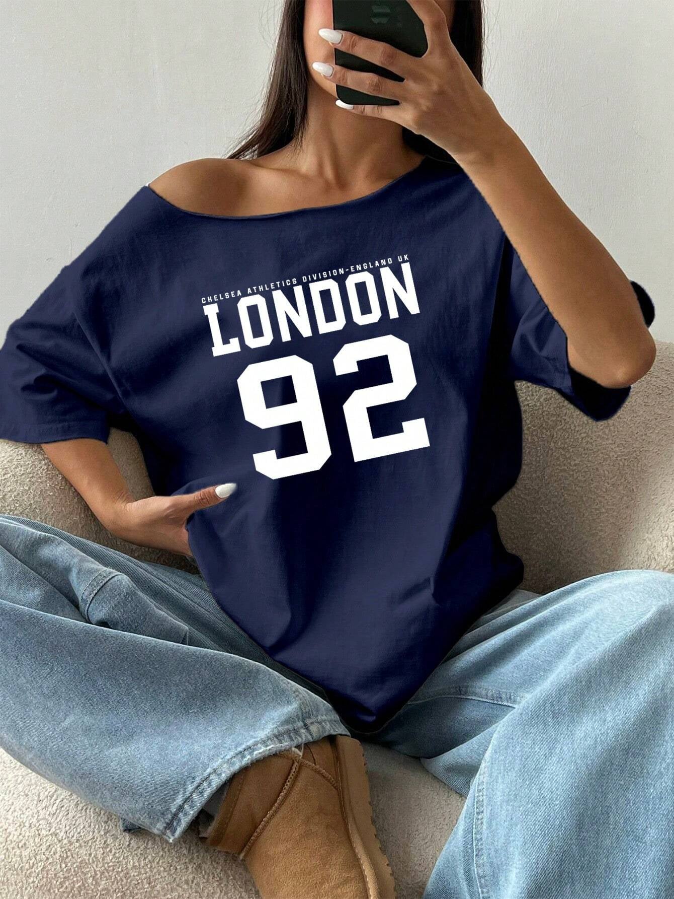 Letter Print Off-Shoulder Short Sleeve Casual Loose T-Shirt Graphic Tees