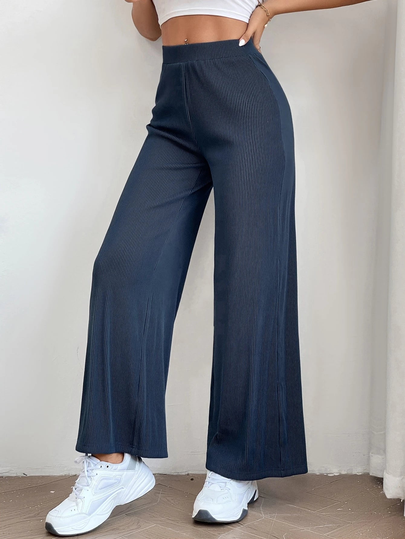 Solid Ribbed Knit Wide Leg Pants