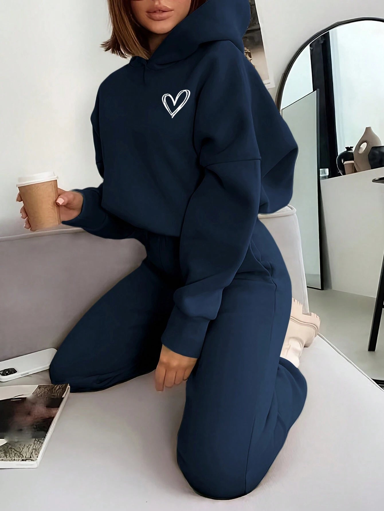 Heart Print Long Sleeve Cropped Hoodie And Drawstring Waist Pocketed Jogger Sweatpants 2 Pieces Set