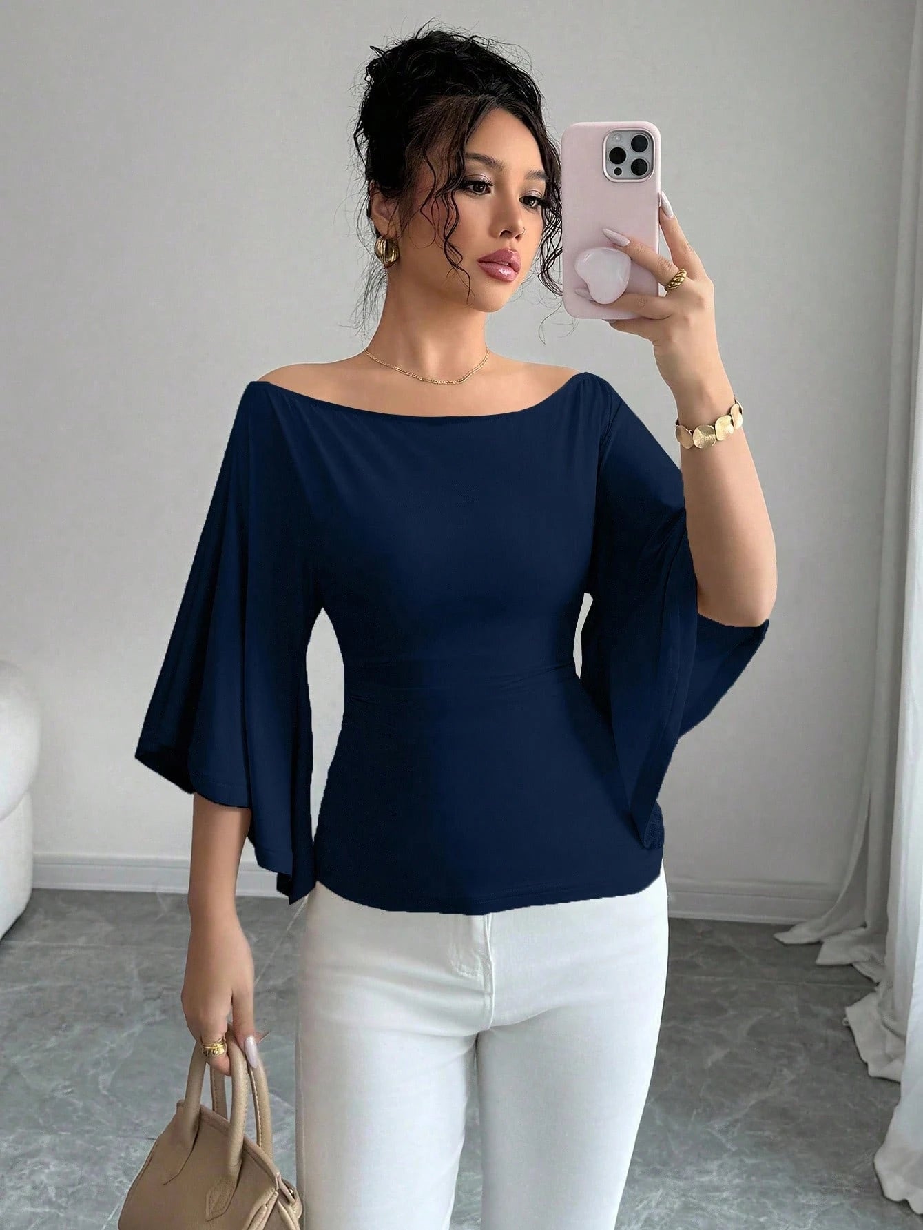 Solid Color Boat Neck Flare Sleeve Knit Fashion T-Shirt