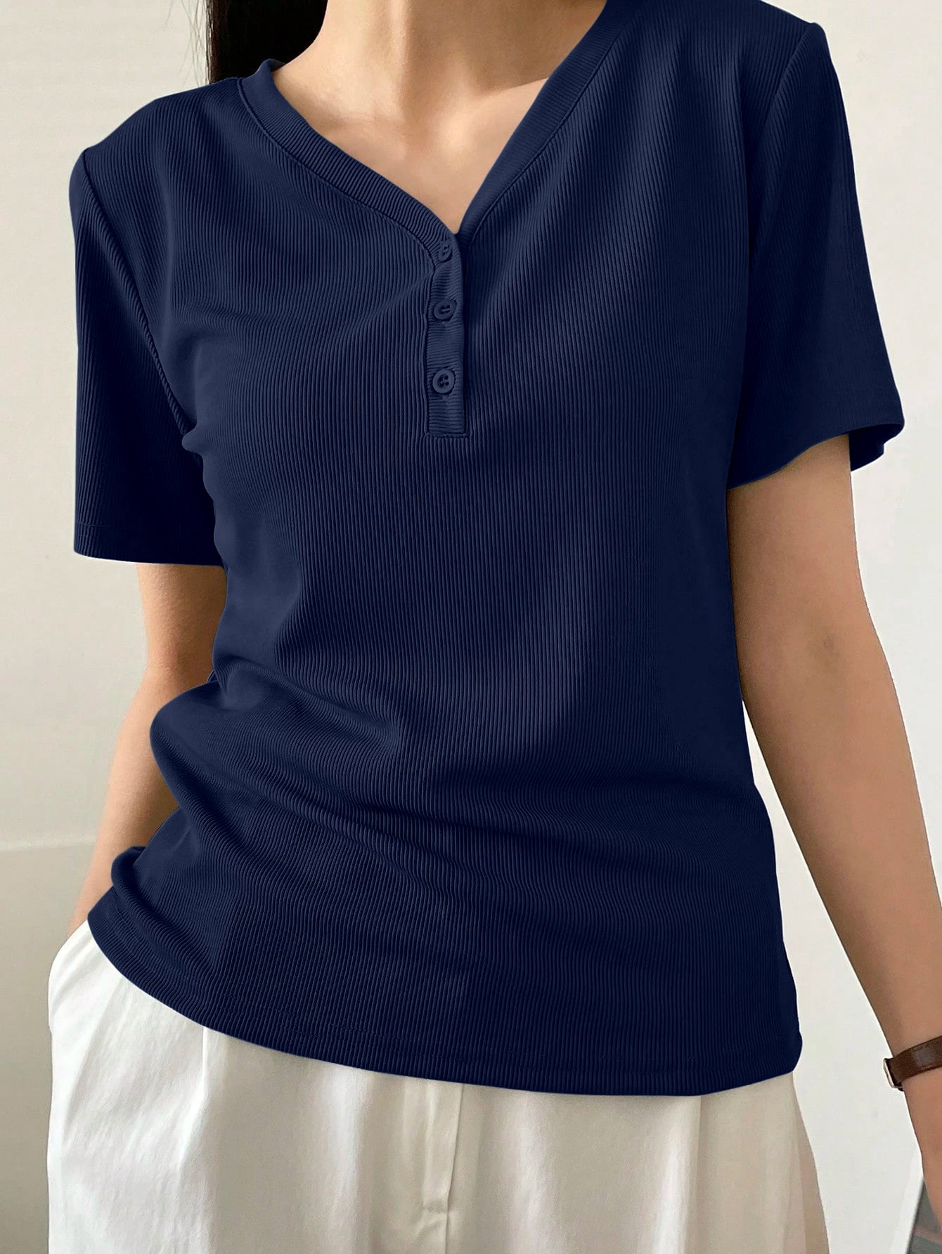 Less Solid Rib Knit Button Front Tee Old Money Style