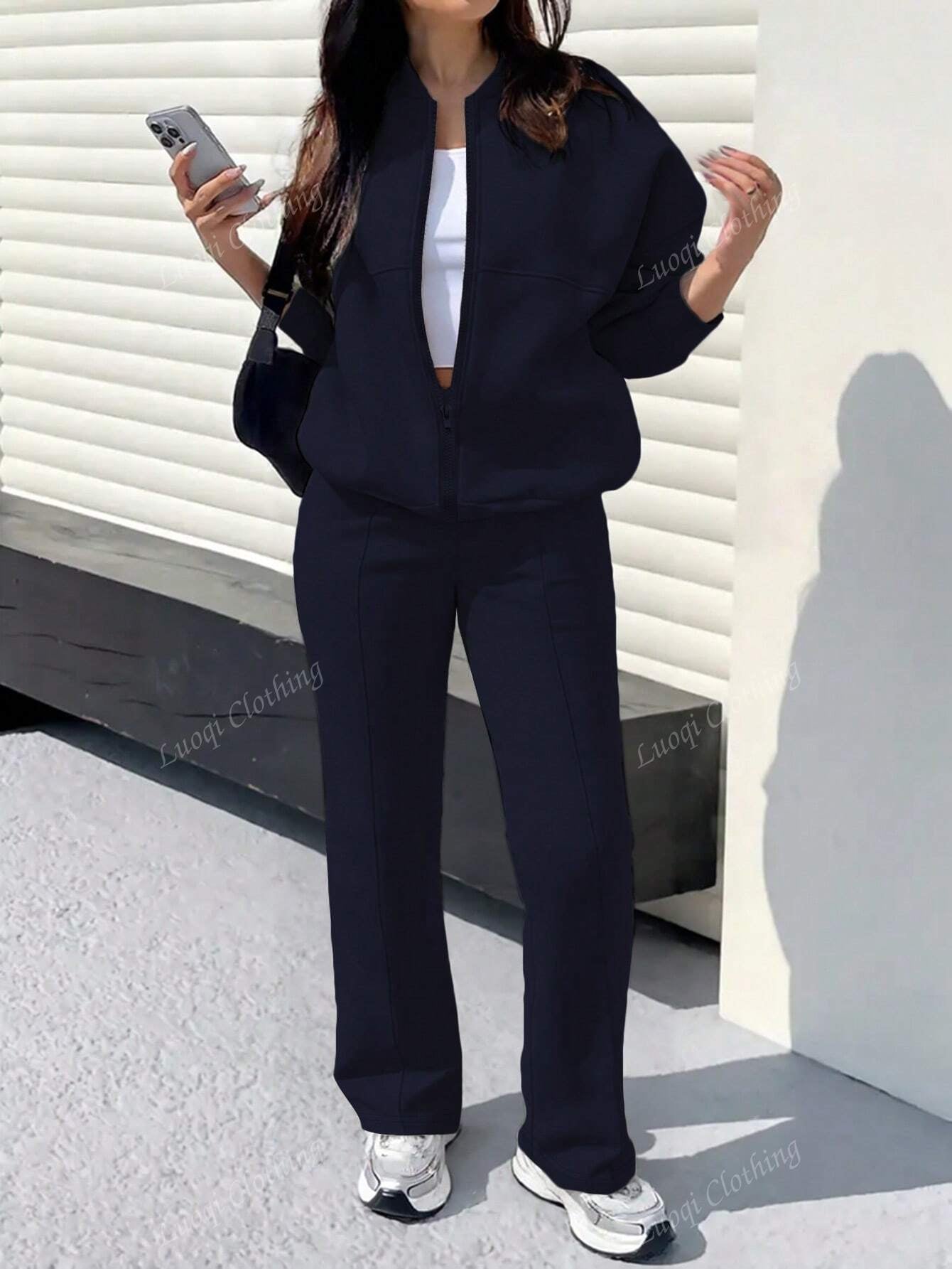 Solid Color Minimalist Hoodie Jacket Top And Straight Leg Pants, Fashion Outfit