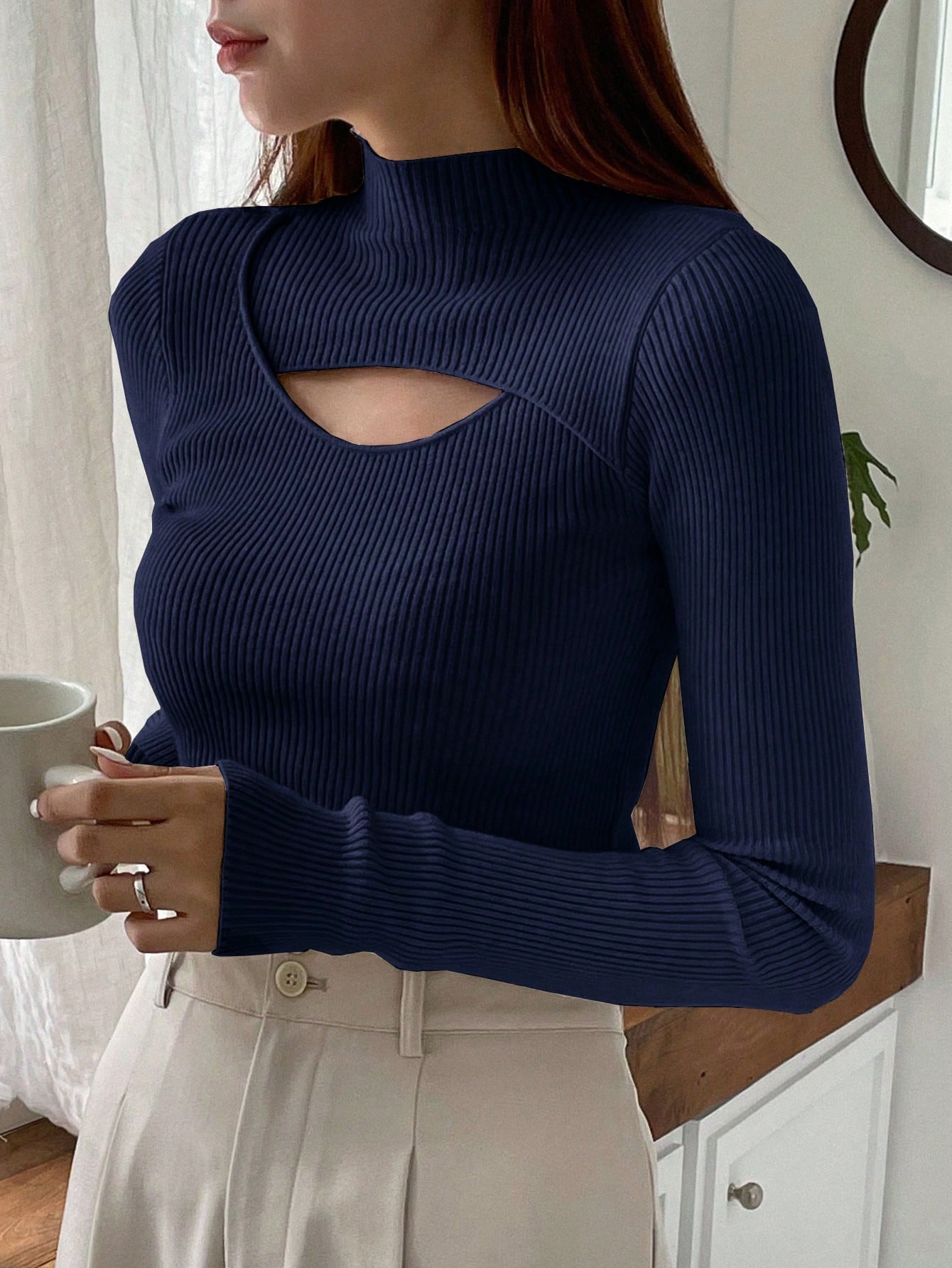 Stand Collar Long Sleeve Hollow Pullover Tops