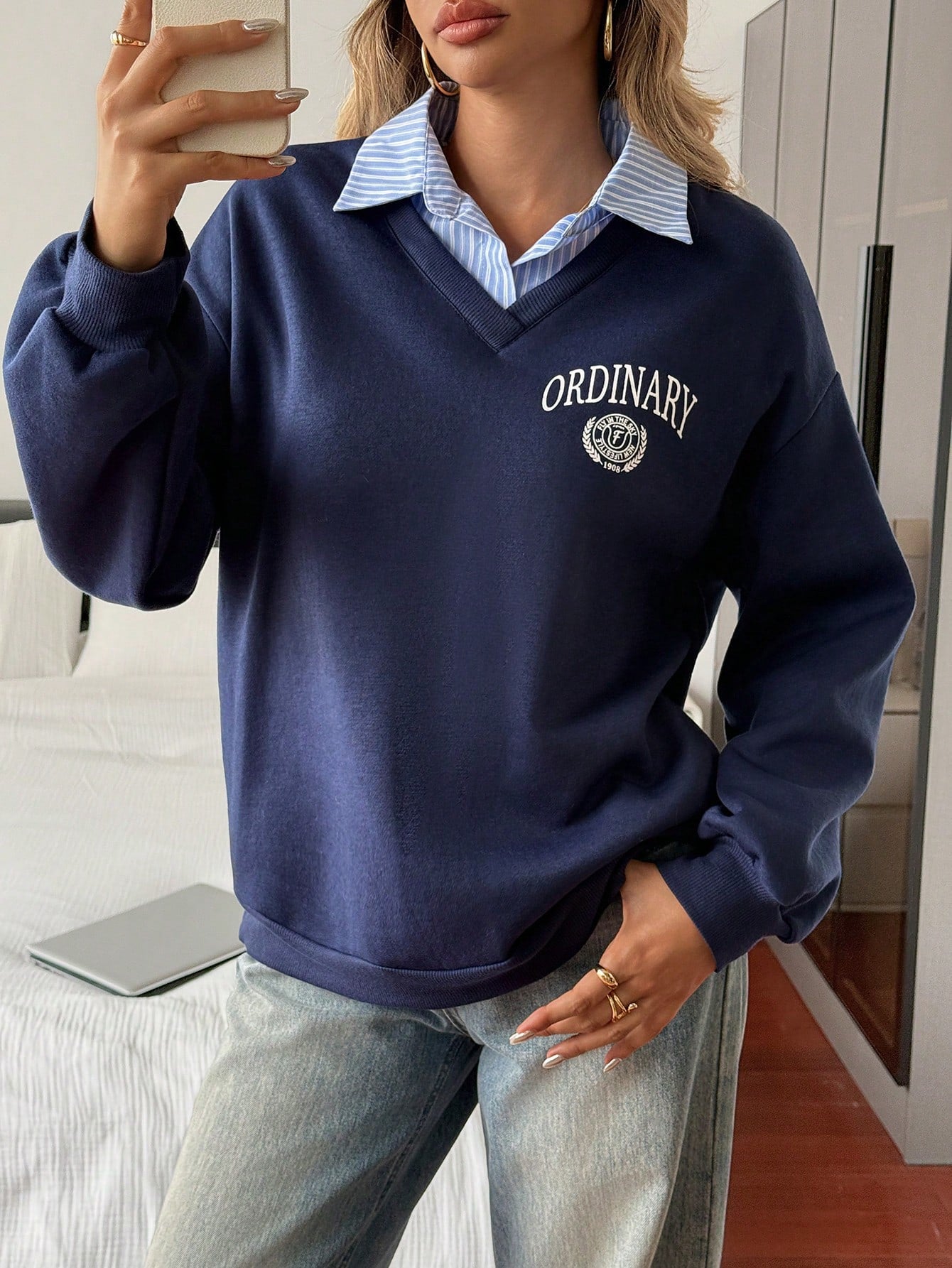 Letter & Stripe Print Patchwork Thermal Lined Sweatshirt