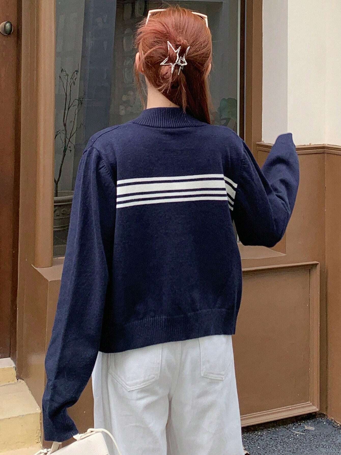 Color Block Striped High Neck Long Sleeve Zip Up Cardigan For Women,Fall Women Clothes Jacket