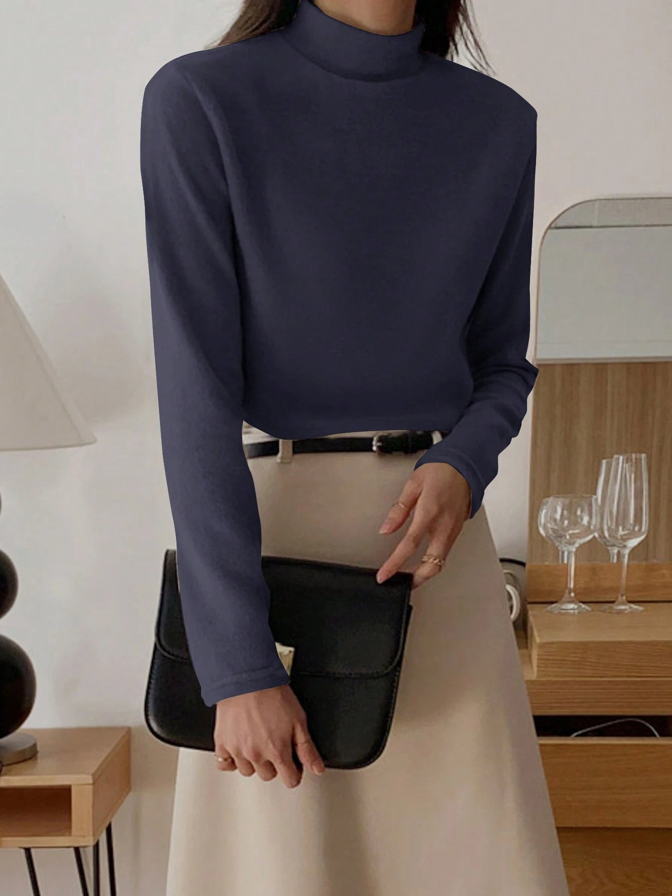 Stand Collar Solid Color T-Shirt Long Sleeve Women Tops