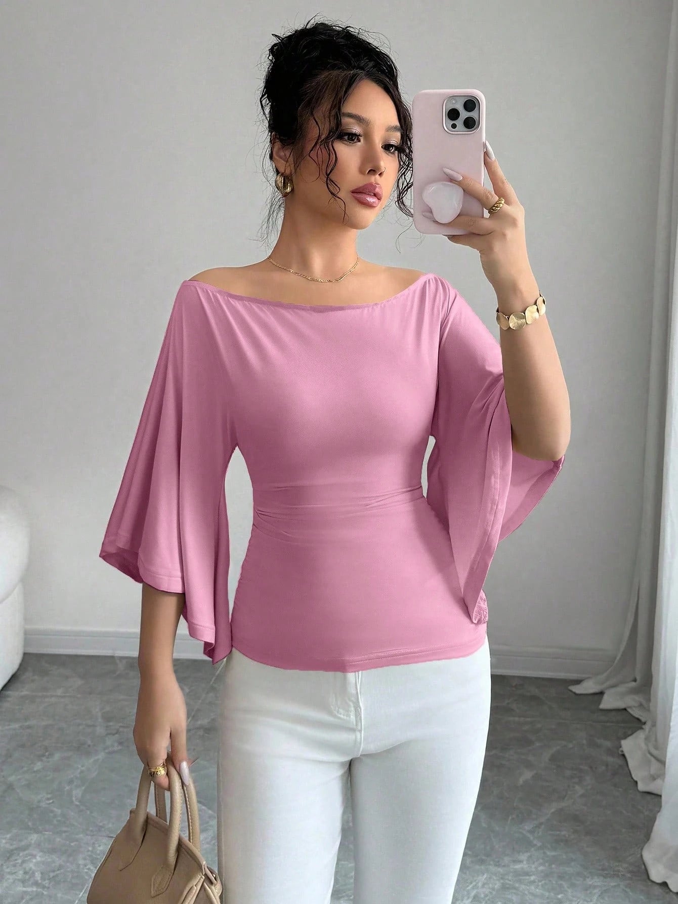 Solid Color Boat Neck Flare Sleeve Knit Fashion T-Shirt