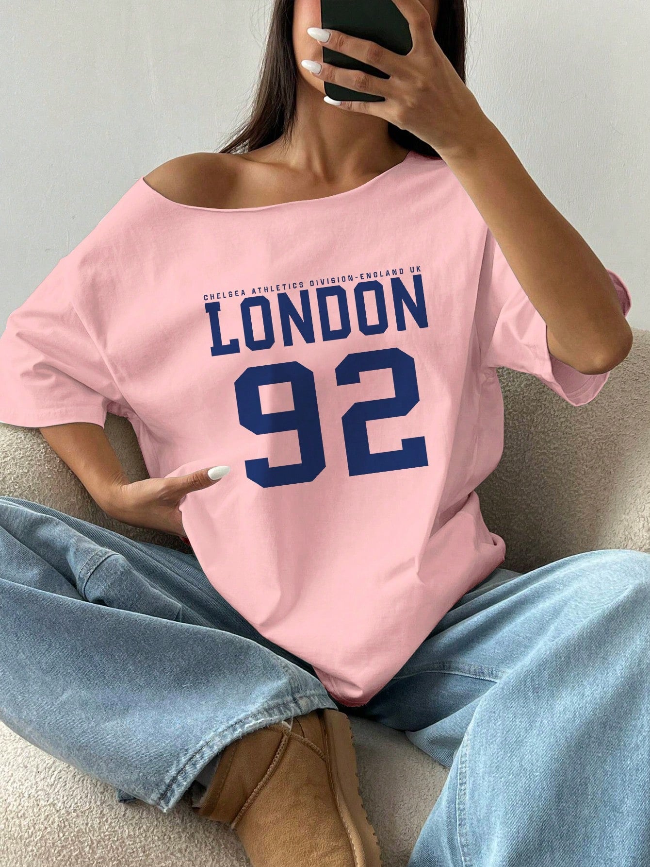 Letter Print Off-Shoulder Short Sleeve Casual Loose T-Shirt Graphic Tees