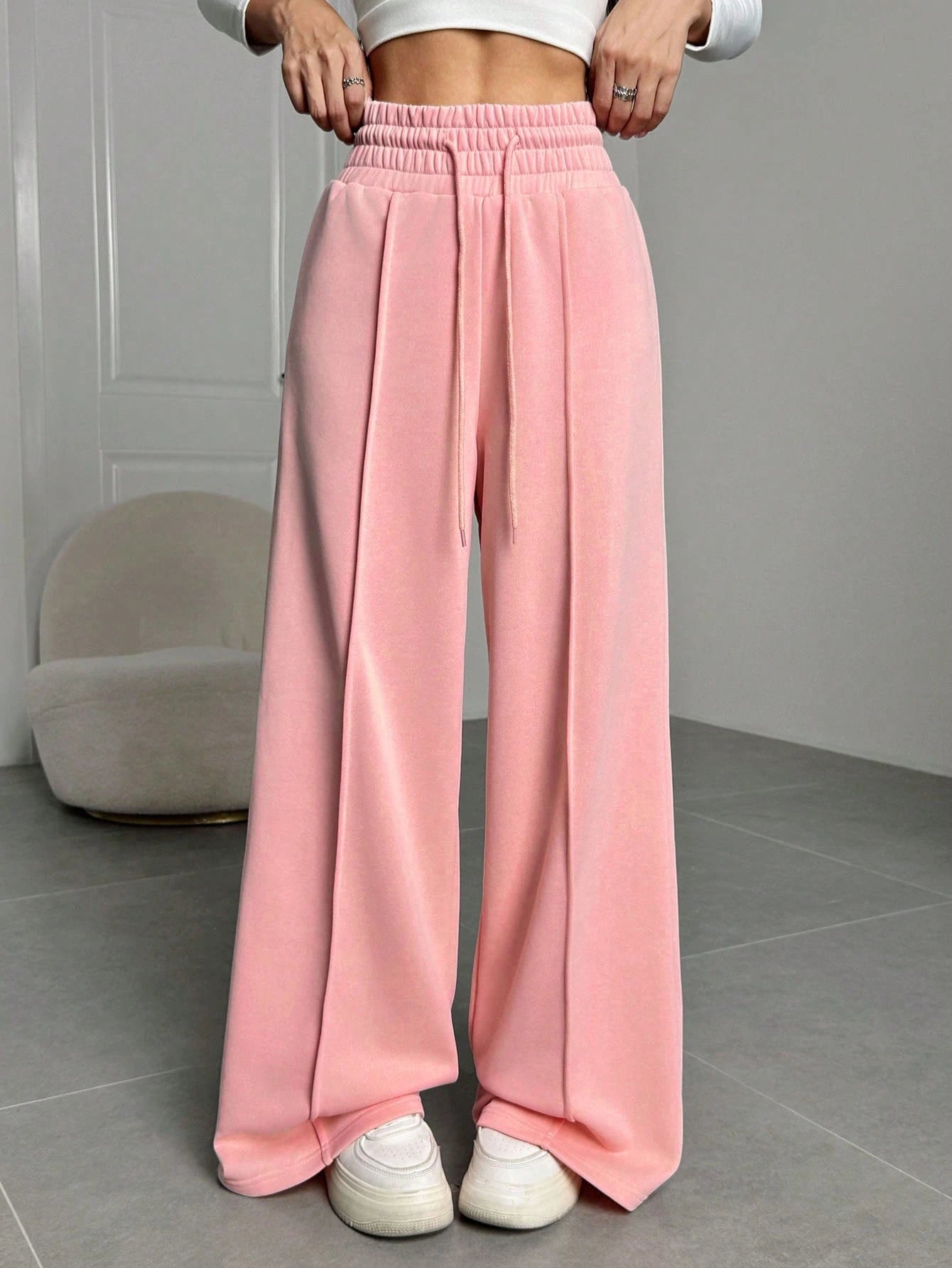 Drawstring Waist Seam Detail Wide Leg Pants Dress Pant