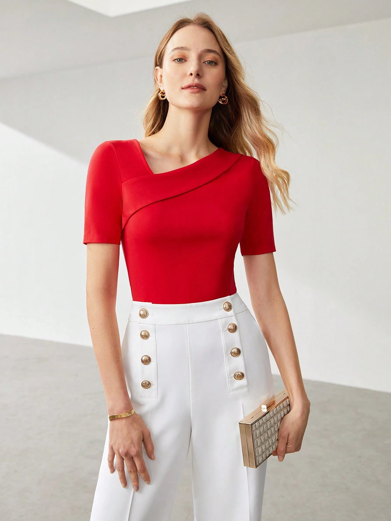 Solid Asymmetrical Neck Slim Fit Tee