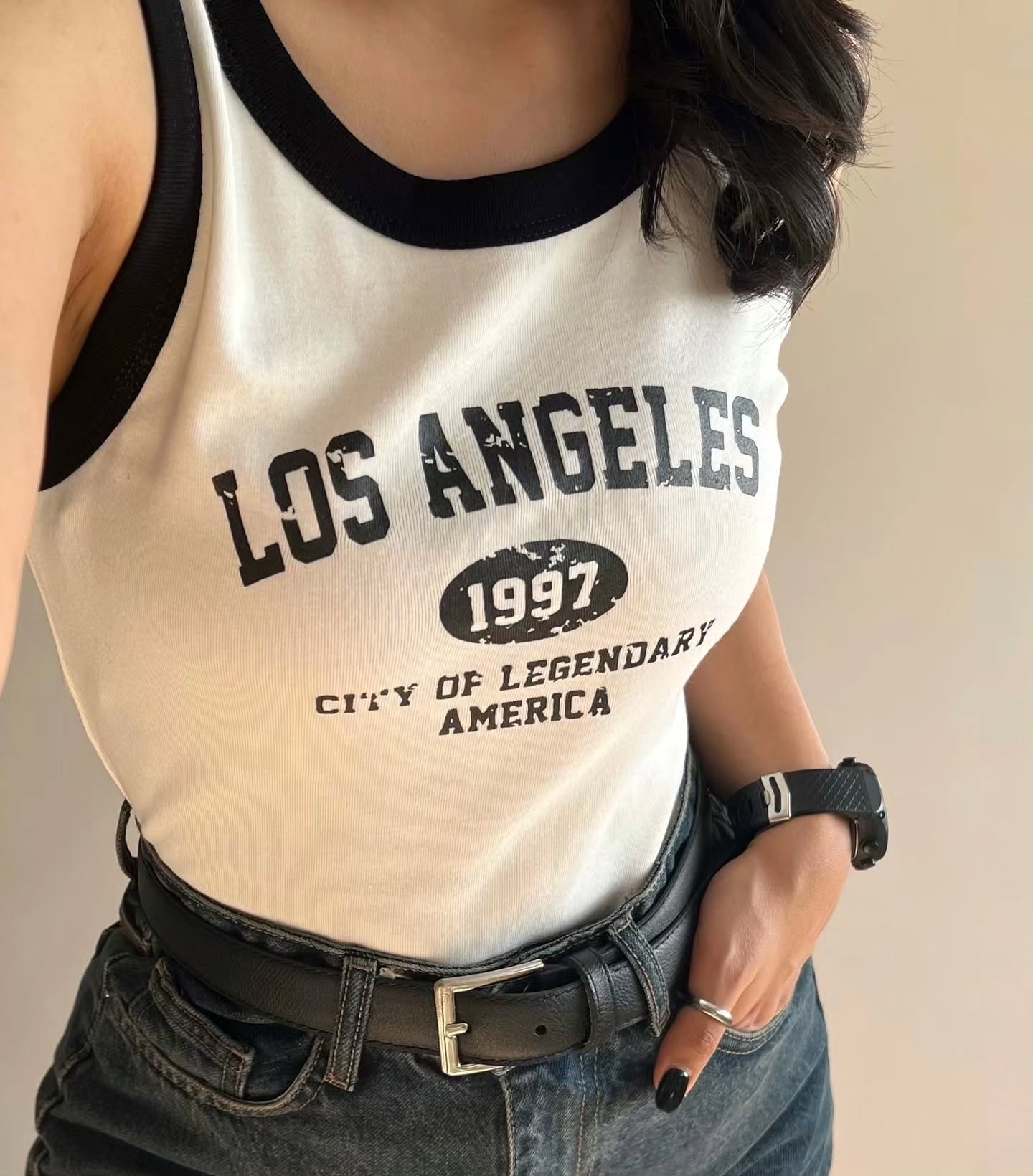 Letter Graphic Contrast Binding Tank Top