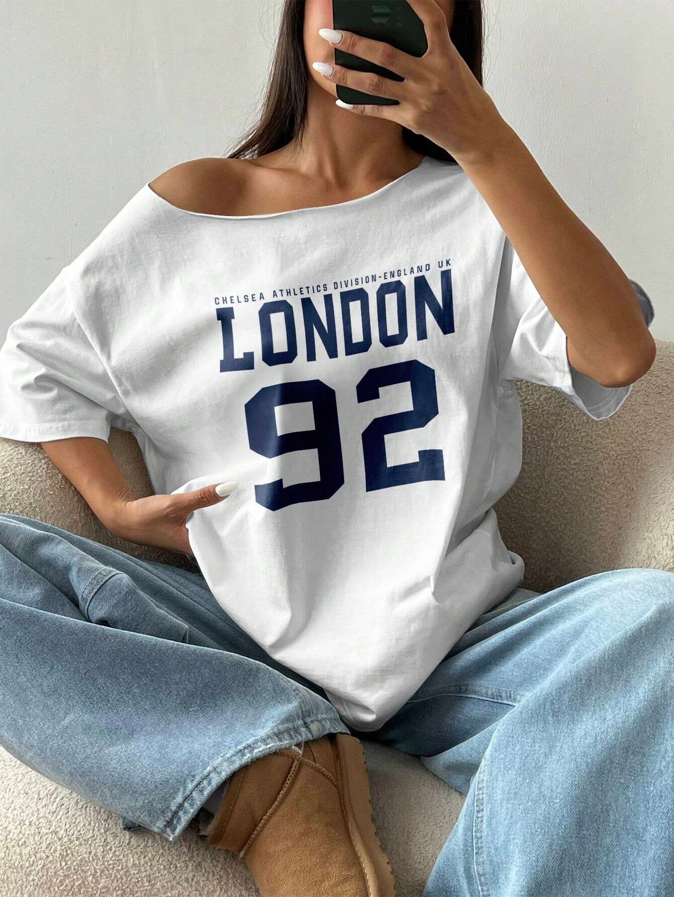 Letter Print Off-Shoulder Short Sleeve Casual Loose T-Shirt Graphic Tees