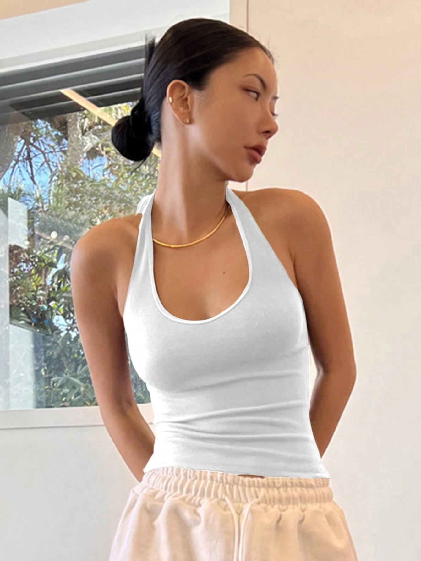 Solid Color Round Neck Halter Slim Fit Summer Top Tank Tops