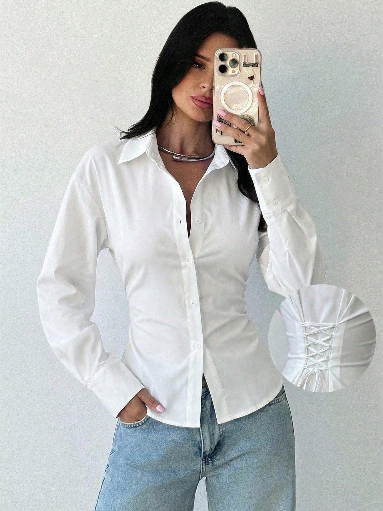 Women's Long Bell Sleeve Button Down Shirt Lace Up Back Princess Line Lapel Top