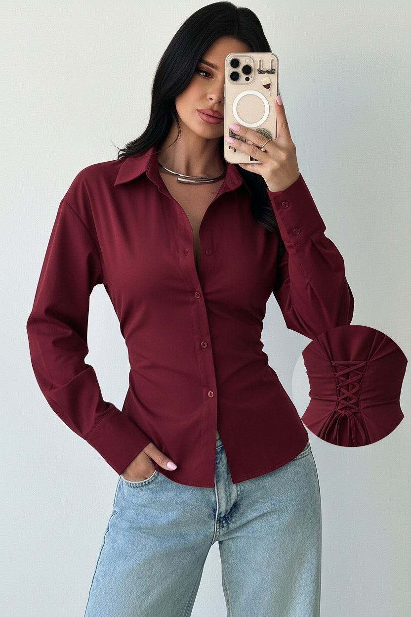 Women's Long Bell Sleeve Button Down Shirt Lace Up Back Princess Line Lapel Top