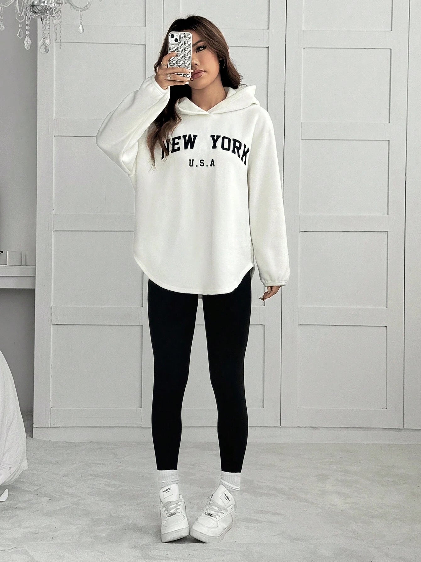 2pcs/Set Women Letter Embroidery Hoodie Sweatshirt And Leggings Outfit