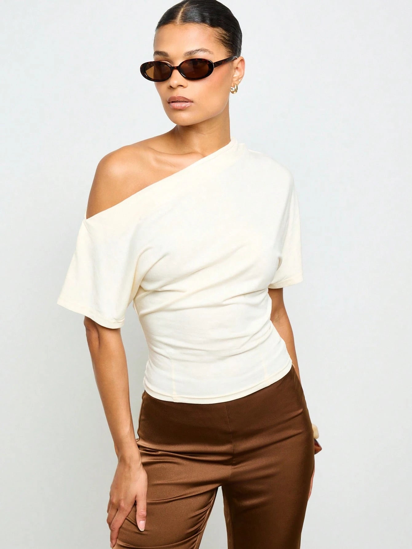 Off Shoulder Asymmetric Top Modern Fitted Waist Short Sleeve Shirt