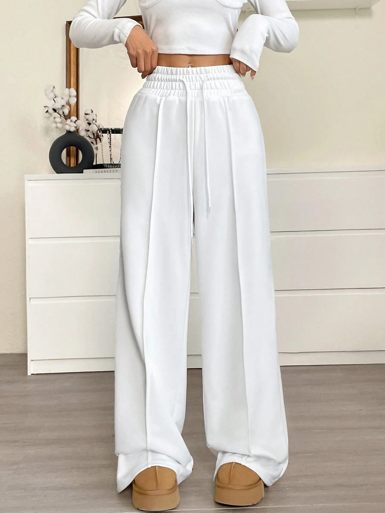 Drawstring Waist Seam Detail Wide Leg Pants Dress Pant