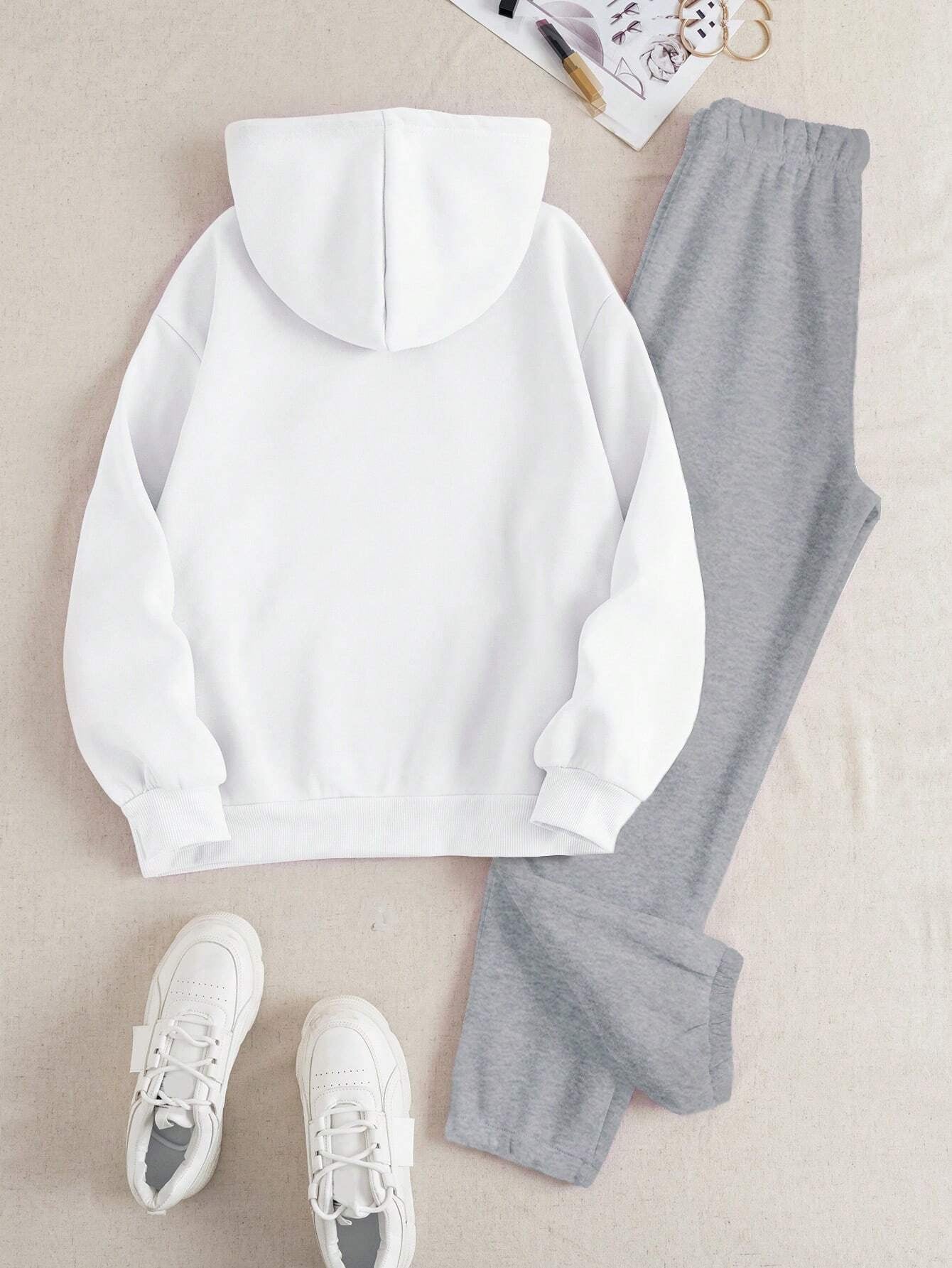 2pcs Spring&Autumn Letter & Floral Print Drawstring Hoodie Sweatshirt And Pants Set