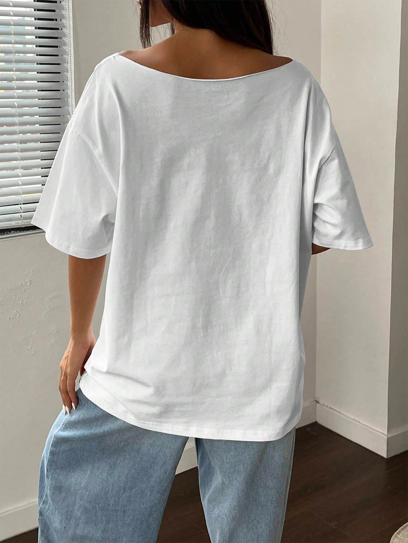Letter Print Off-Shoulder Short Sleeve Casual Loose T-Shirt Graphic Tees