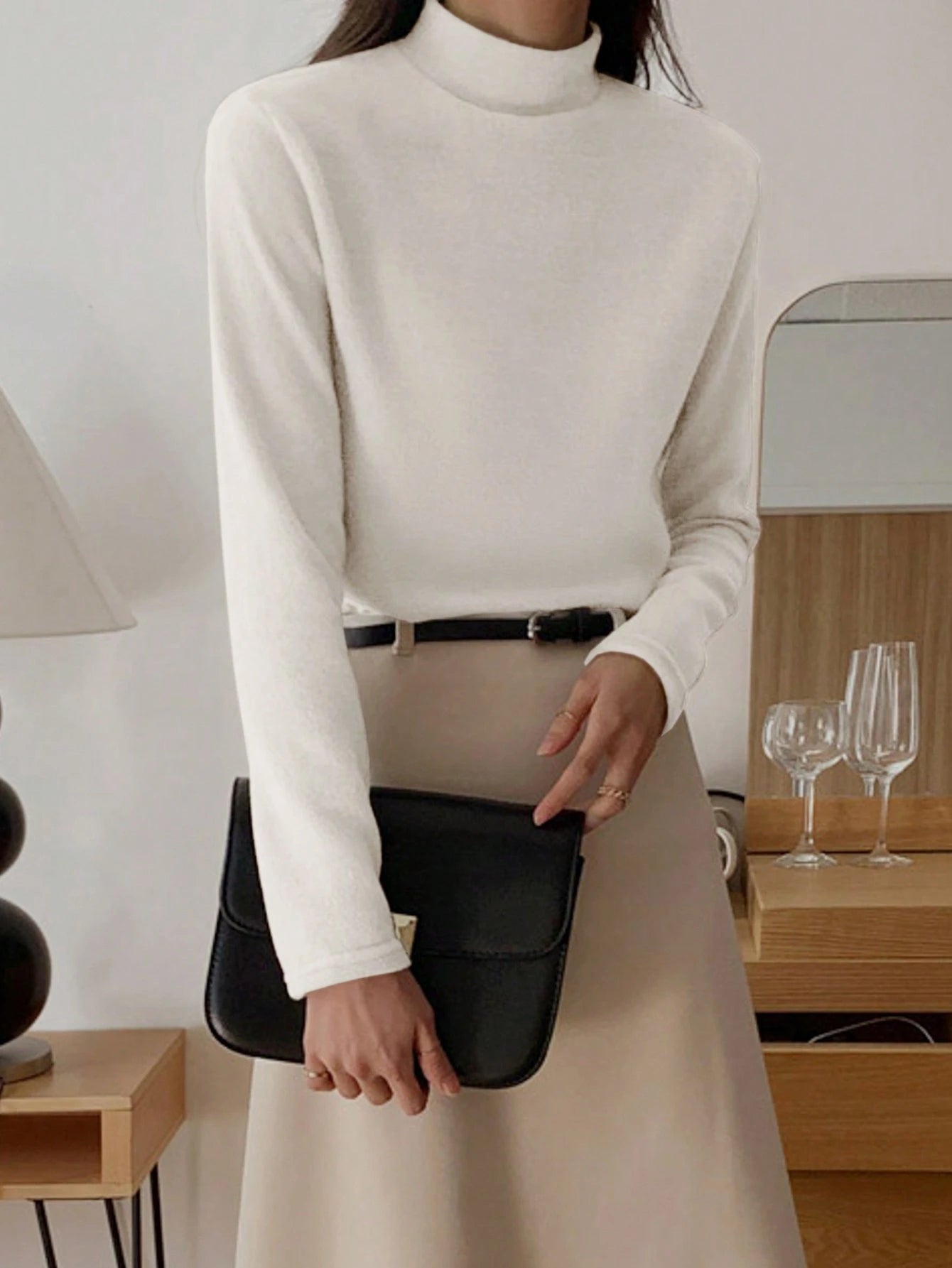 Stand Collar Solid Color T-Shirt Long Sleeve Women Tops