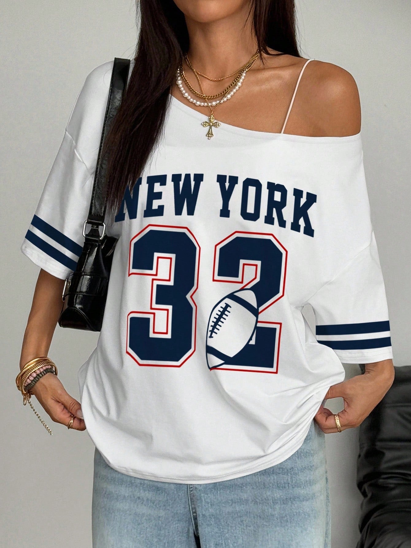 Sports Style Black And White Color Matching Slant Shoulder New York English Plus Numbers Rugby Women's T-Shirt