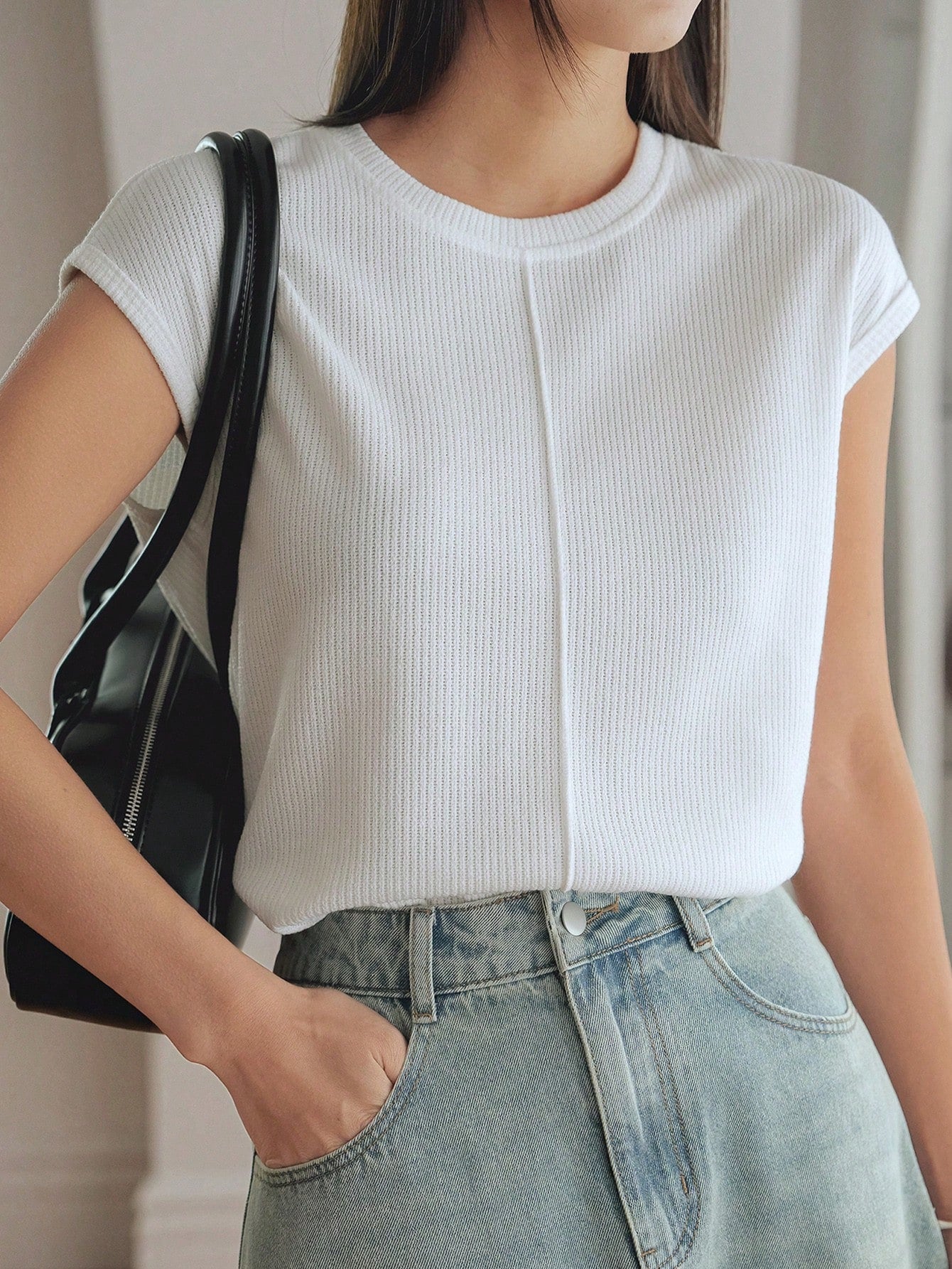Loose Casual Knitted Solid Color Patchwork Short Sleeve Women T-Shirt