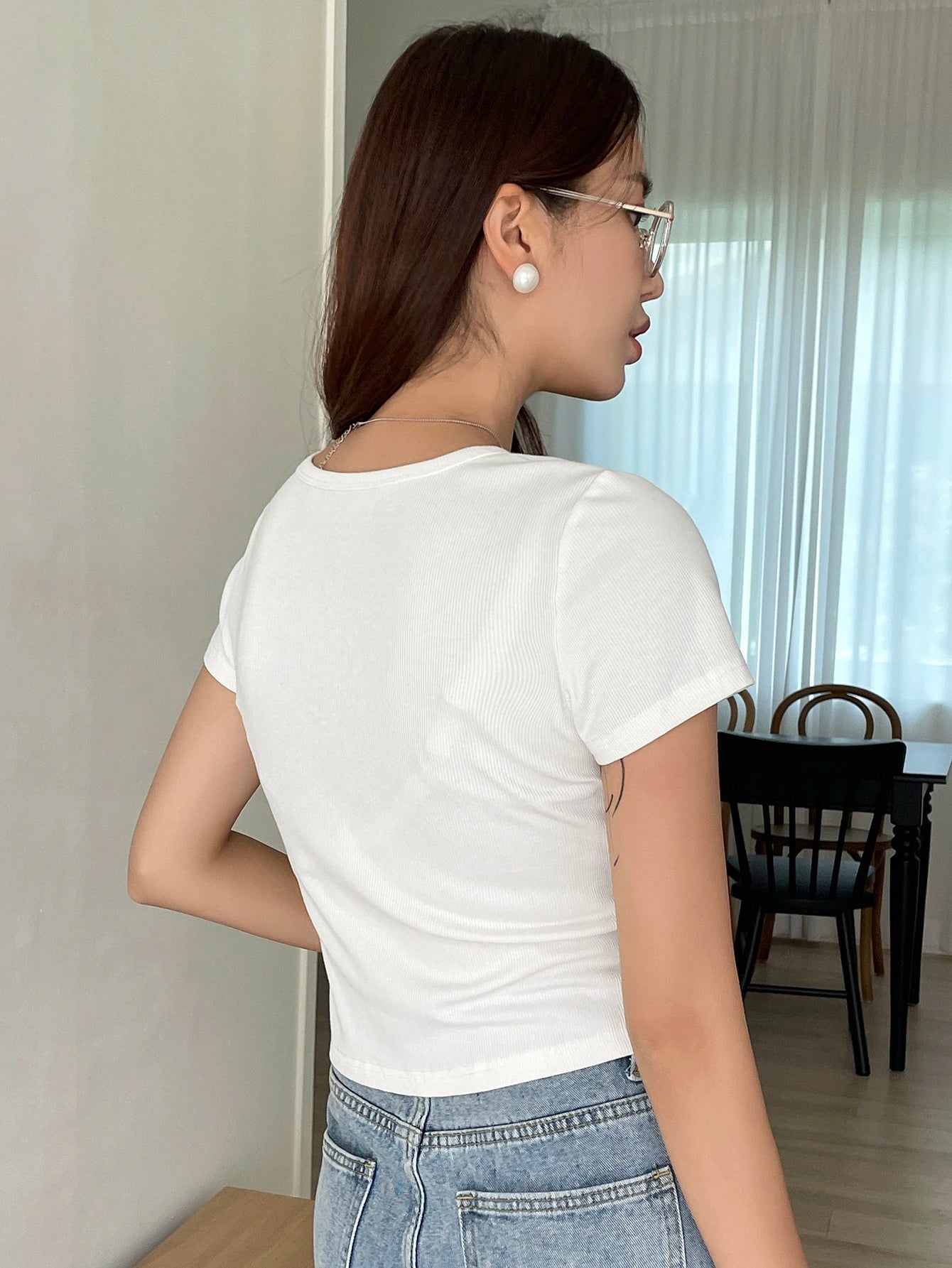 Ribbed Knit Notched Neck Tee